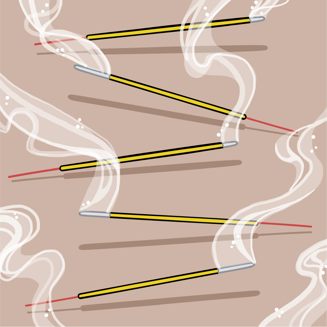 Illustration of five incense sticks floating horizontally above a beige surface. Each stick emits a wavy column of white-grey smoke.