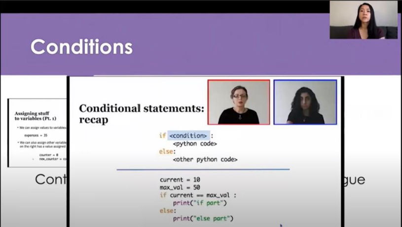 Screenshot of a presentation. The title "Conditional statements: recap" is visible alongside several lines of code and two people.