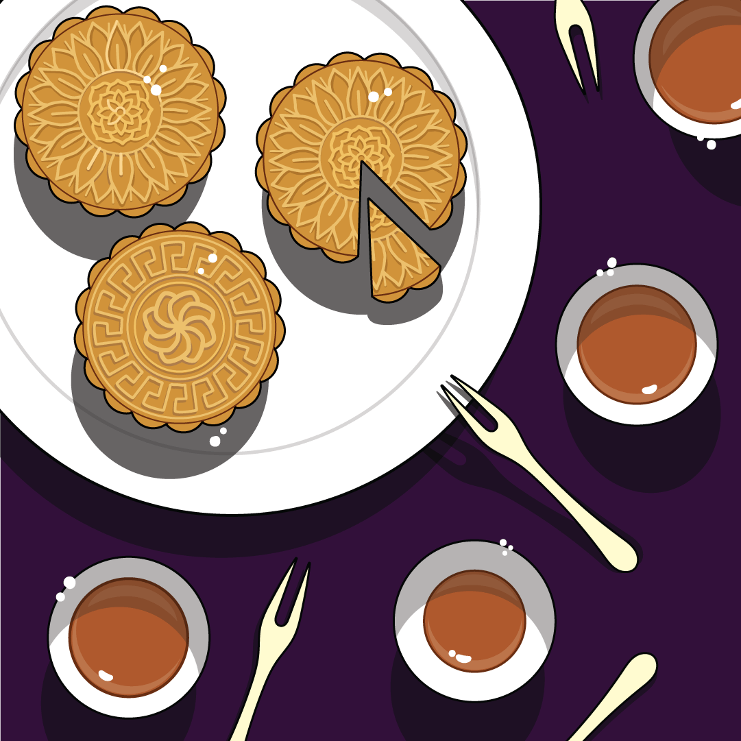 Illustration of three round, brown mooncakes sitting on a white plate, seen from above. Surrounding the plate are four teacups holding a brown liquid, and four two-pronged forks. The background is dark purple.